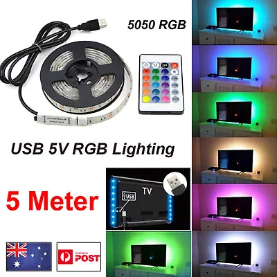 5V 1M/2M/3M/4M/5M USB RGB LED Strip Light 5050 TV Back 24 IR Remote • $16.50