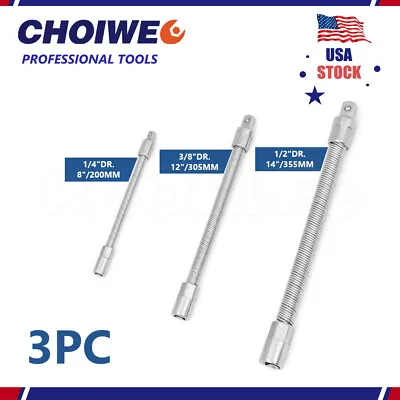 Flexible Socket Extension Bar Set3Pc 1/4x8  3/8x12  1/2x14 Cable Flexible Shaft • $17.98