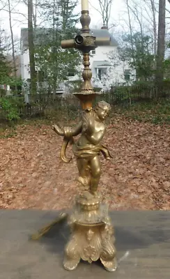 Vintage MCM 1968 L&L WMC Hollywood Regency Spelter Lamp Angel Cherub 32.5  • $439.99