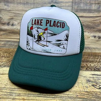 Vintage Lake Placid New York Mens Trucker Hat Green Snapback Skiing Baseball Cap • $19.99