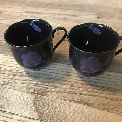 Vtg '80s Mikasa Rondo Tango EJ 702 Black Tea Cup Mug Set 2 Purple Floral Japan  • $8.45