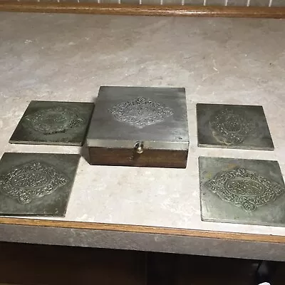 4 Vintage Tin Metal  Coasters In Wood Case 4” X 4” • $19.99