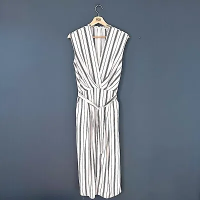 Ladies Miss Selfridge Black White Striped V Neck Belted Cropped Jumpsuit Size 8 • £3.99