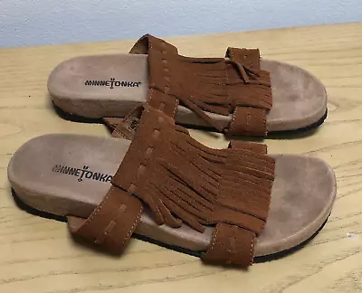 MINNETONKA Daisy Women's Size 9 Fringe Slide Brown Leather Suede Sandal 74002 • $18