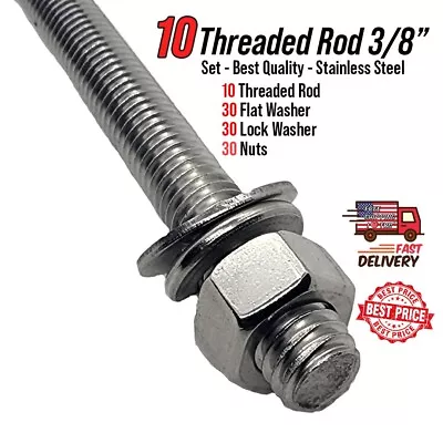 3/8-16'' X 3-1/2'' - Stainless Steel All Thread Threaded Rod Bar  W 30 Nut Washe • $24.99