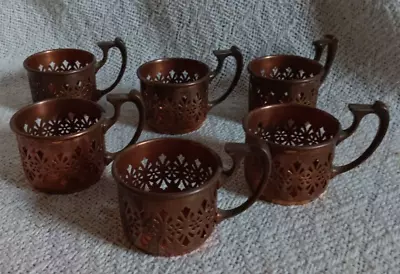 6 VTG Manning Quality Bowman Pierced Copper Cup Holders W/Buffalo China Cups • $19.17