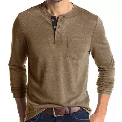 Men's Henley Collar V-Neck Long Sleeve T-Shirt Solid Bottoming Shirt Tops • $26.33