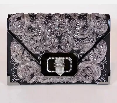 Marchesa Valentina Black Silver Embroidered Runway Crystal Clutch • $590