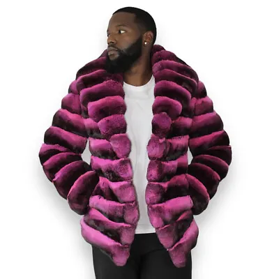 Fuchsia Mens Natural Chinchilla Rex Rabbit Fur Coat New Real Fur Lapel Overcoats • $726.68