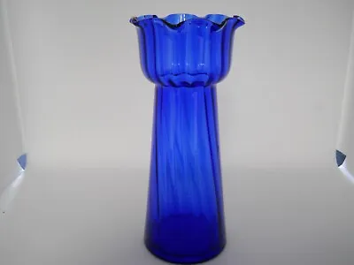 VTG MCM Cobalt Blue Hyacinth Swirl Glass Ruffled Rim Bulb Vase • $26.99