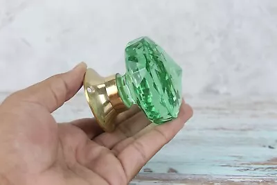 Vintage Light Green Diamond Cut Glass Door Knob Brass Base New Home Decorative • $71