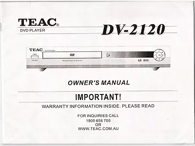 TEAC DV-2120 DVD Player Owner's Manual Good Condition FREE POSTAGE • $9.95