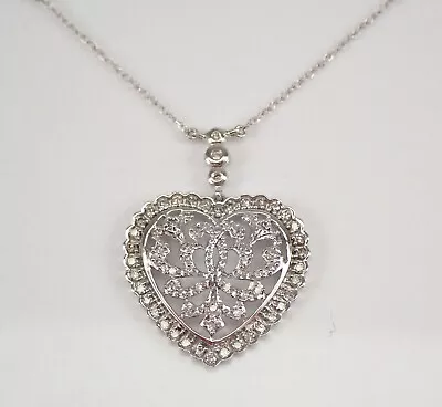 Vintage Style White Gold Diamond Heart Necklace 18  Chain Pendant Wedding • $679