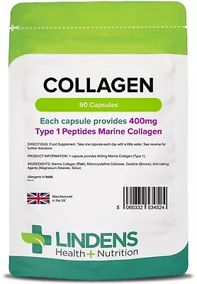 Collagen Marine Type 1 400mg 90 Capsules Skin Anti Ageing Joints Lindens • £8.98