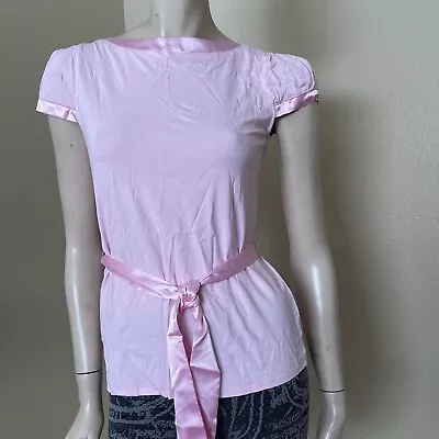 Women’s Pink Rayon Casual  Satin Belted Buttons Short Sleeve Size M Blouse Top • $15