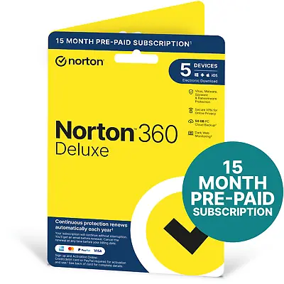 Norton 360 Deluxe Antivirus 2024 VPN 5 Devices 15 MONTHS Delivery By POST • £16.49