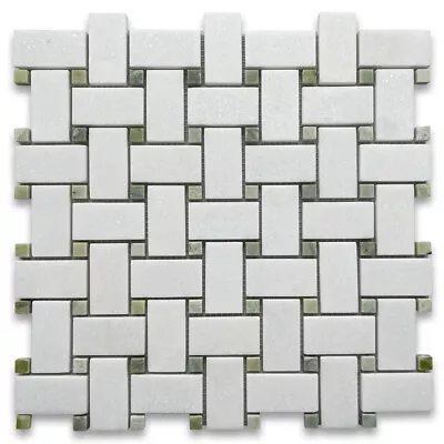 T652XH Thassos White Marble 1x2 Basketweave Mosaic Tile Green Dots Honed • $36.99