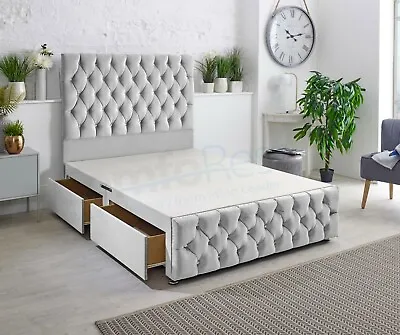 NEW - CHESTERFIELD PLUSH VELVET DIVAN BED Luxury TALL 54” HEADBOARD MADE IN UK • £381.65