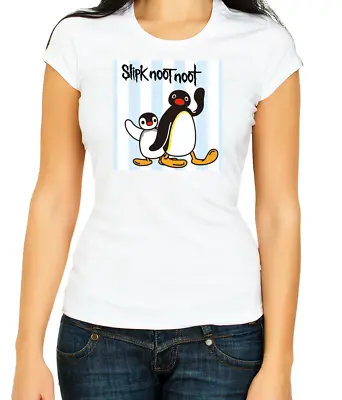 Slipk Noot Noot Pingu Noot Noot - 3/4 Short Sleeve T Shirt Women K715 • $20.24