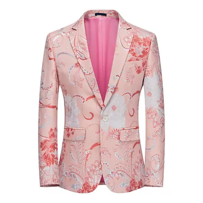 Men Flower Jacquard Jacket Slim Suit Blazer Wedding Party Coat Tops Smart Dance • $56.64