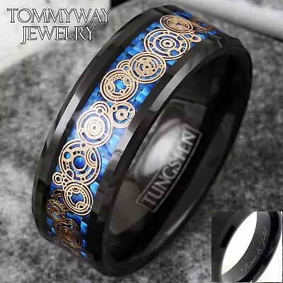 Engraved Black Tungsten Blue/ Rose Gold Plated Clockwork Gears Band Ring • $29.99