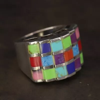 VTG Sterling Silver - SIGNED SE Turquoise Coral Lapis Statement Ring Size 7 - 9g • $10.50