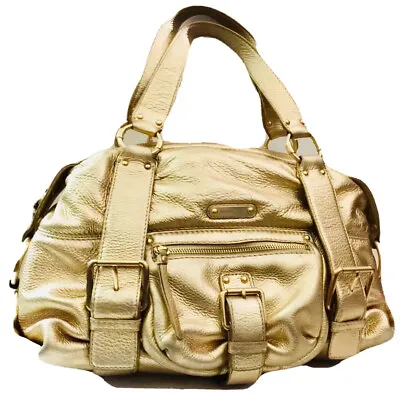Metallic Gold Michael Kors Shdr Satchel Tote Handbag  Pebble Leather Zip Buckles • $54