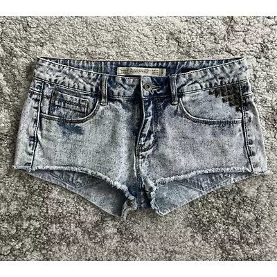 Zara Women Trafaulac Mini Super Shorts Denim Blue Pocket Frayed Low Rise Studs 4 • $9.74