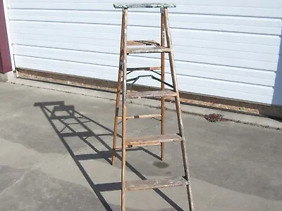 Vtg 55  Wood Folding Stepladder 4 - 5 Step Ladder W Green Top & Paint Splatter • $99.99