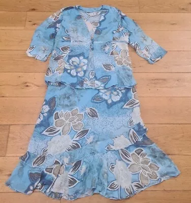 Pola Oy Jacket Skirt Set Blue Floral Linen Blend Sheer Lined Size 16 • $25.20