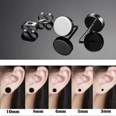 Black Round Stud Stainless Steel Ear Studs Earrings Men Women *UK* • £7.99