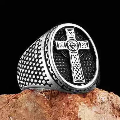 Silver Christian Cross Amulet Mens Stainless Steel Vintage Fashion Band Ring • $12.99