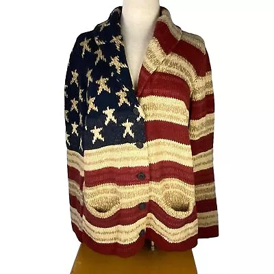 Polo Ralph Lauren Womens Size L USA Flag Cardigan Sweater Stars Stripes • £85.78