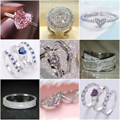 $3.29 • Buy 925 Silver Women Cubic Zirconia Rings Jewelry Wedding Engagement Gifts Size 6-10