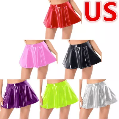 US Womens Glossy PVC Leather Flared Skirt Shiny Glitter Zipper A-Line Mini Skirt • $13.85