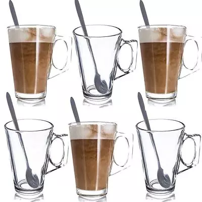 Set Of 6 Latte Glasses Tea Coffee Cappuccino Mug Hot Drink Cup With Long Spoons • £12.95