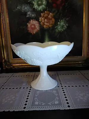 Large Vintage Milk Glass Pedestal Bowl Grape And Leaf Motif • $22.99