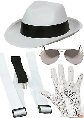 Adult Michael Jackson Criminal Hat Braces GLOVE & Glasses Pop Music Fancy Dress • £8.50