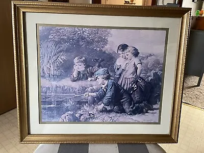 Vintage Lithograph 1879 Children Fishing/Playing By Pond Signed Framed Laurah H. • $34