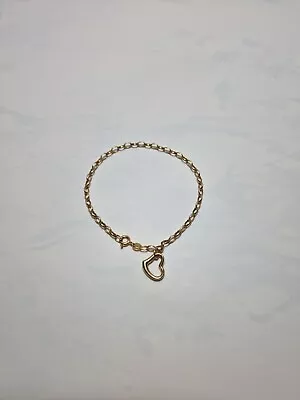 9ct Yellow Gold Bracelet Heart Charm Oval Belcher Link 7  Length Dainty Minimal • £64.99