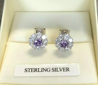 £16.99 • Buy UK Made 925 STERLING SILVER Stud Earrings Lab Diamond & Amethyst Purple Cluster