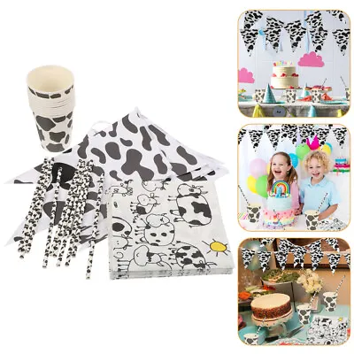 Paper Cow Printed Farm Cow Style Cow Pennant Paper Plates Napkins Straws • £12.73