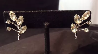 Van Dell Sterling Silver Clear Rhinestone Leaf Floral Vintage Screwback Earrings • $27.20