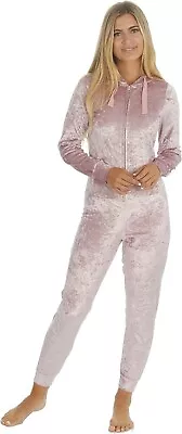 Womens 1Onsie Pink Jumpsuit UK 12 14 All In One Crushed Velvet Hood Nightwear • £12.99