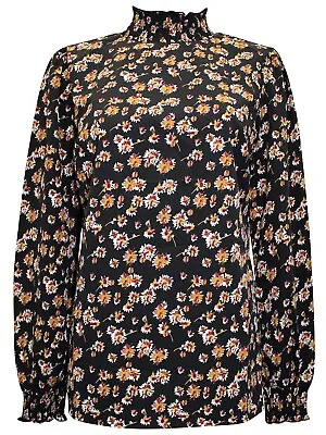 Ladies Linea Tesini Gorgeous Black Floral Print Shirred High Neck Blouse Size 10 • £9.99