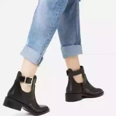 Zara TRF Buckle Strap Ankle Boots Sz 10.5 Black PATENT LEATHER Block Heel Buckle • $85