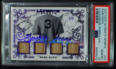 🌟 BABE RUTH - 2021 Leaf Ultimate Purple Shimmer QUAD GU Bat #3/6 - PSA 10 POP 1 • $695.95