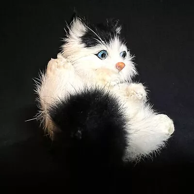 Vintage Black White Recline Kitten Real Fur Plastic Nose Eyes • $11.99