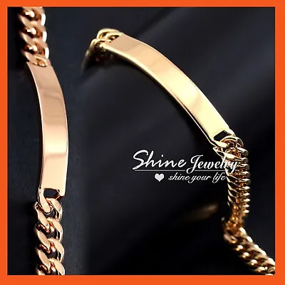 18k Rose Gold Gf Diamond Cut Id Bar Band Curb Rings Chain Mens Womens Bracelet • $11.54