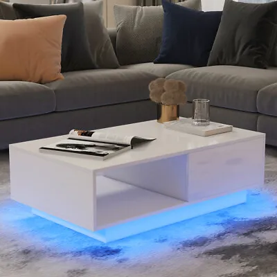 $159.99 • Buy High Gloss LED Coffee Table With 2 Drawers Storage Modern End Table Living Room